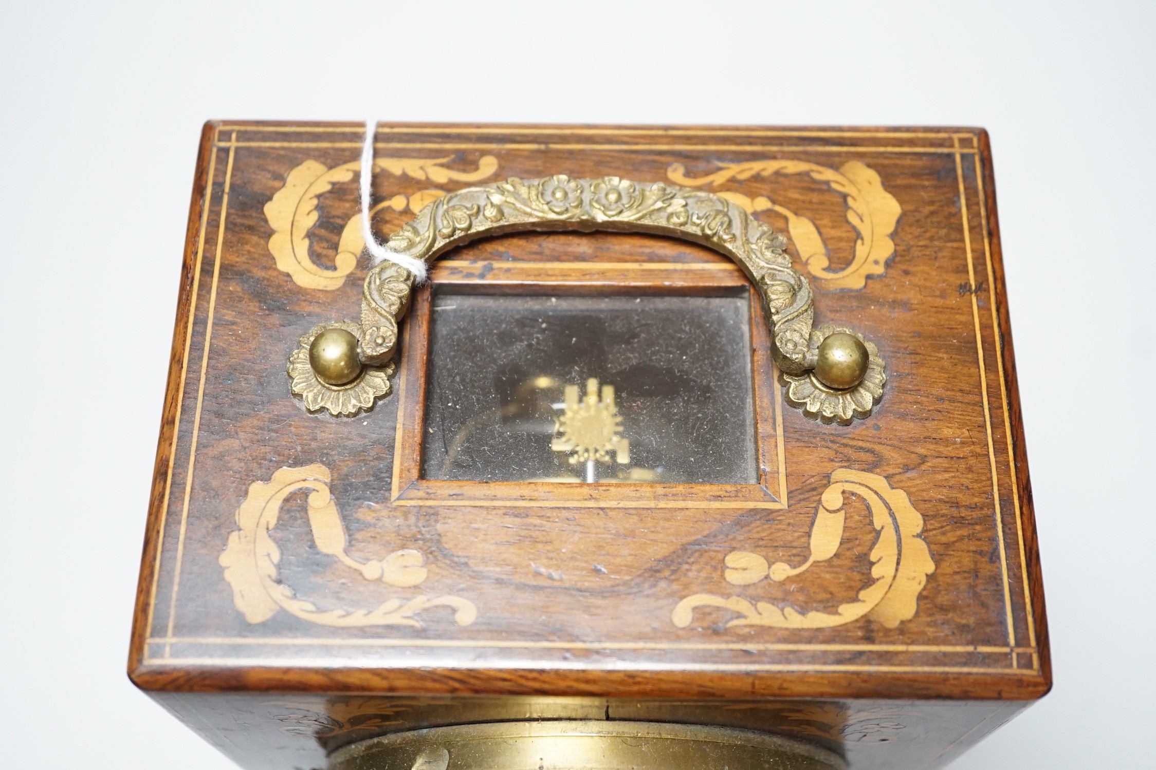 A 19th century French rosewood and marquetry mantel clock, 23cm
